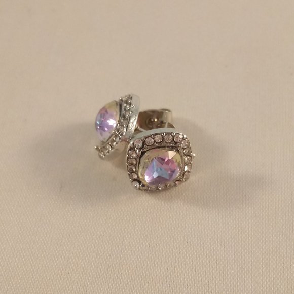 Silver Plated Mystic Rainbow Cushion Shape Halo Diamond Zircon Stud Earrings 7mm - Picture 2 of 3